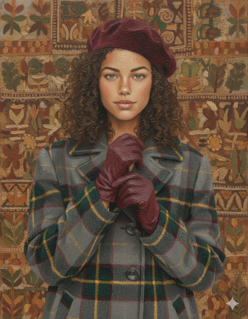 Folk art acrylic painting portrait of woman with rustic textured background google gemini prompt