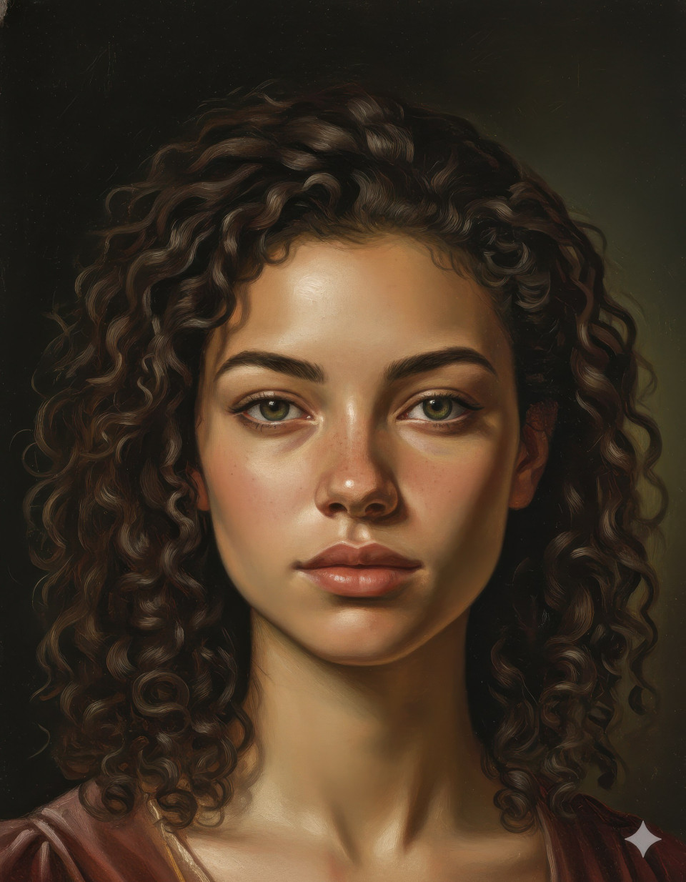 Renaissance style oil painting portrait of woman in studio light glows google gemini prompt