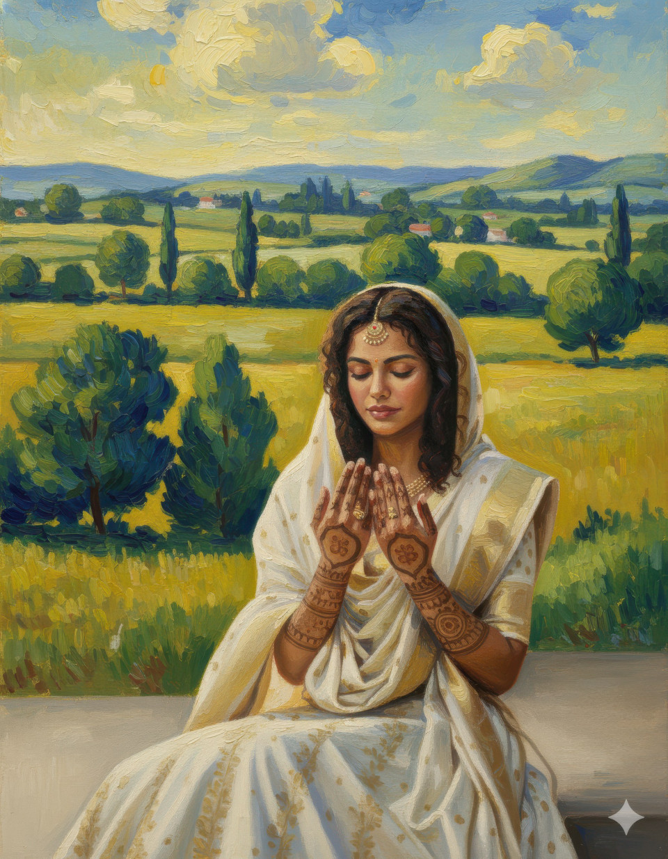 Post impressionism oil painting portrait of woman in sunny countryside view google gemini prompt