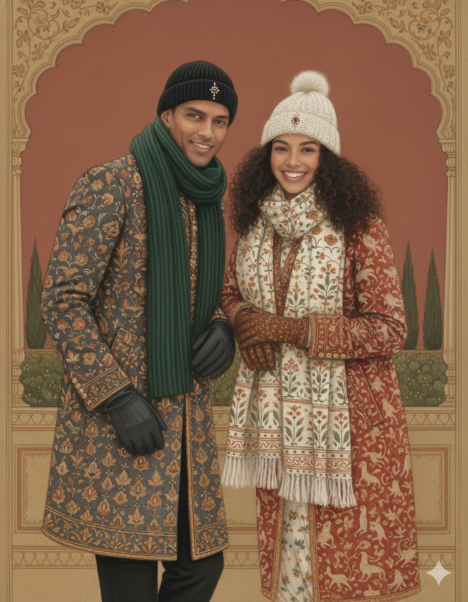 Mughal miniature gouache painting of couple in traditional studio scene google gemini prompt