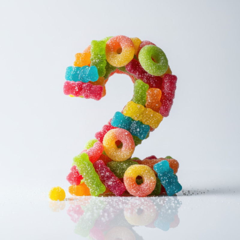 Gummy candy number two food typography on glossy surface google gemini prompt