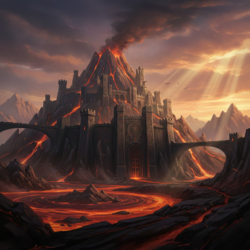 Volcanic citadel at dawn with obsidian gate and dramatic light google gemini prompt