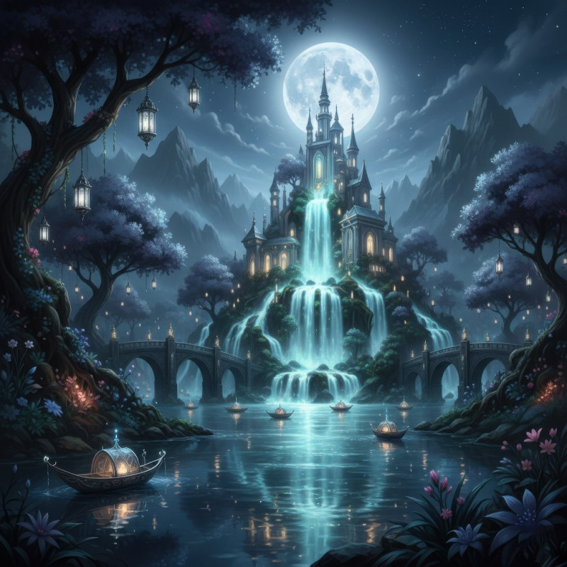 Enchanted river kingdom at moonlight with glowing waterfall palace google gemini prompt