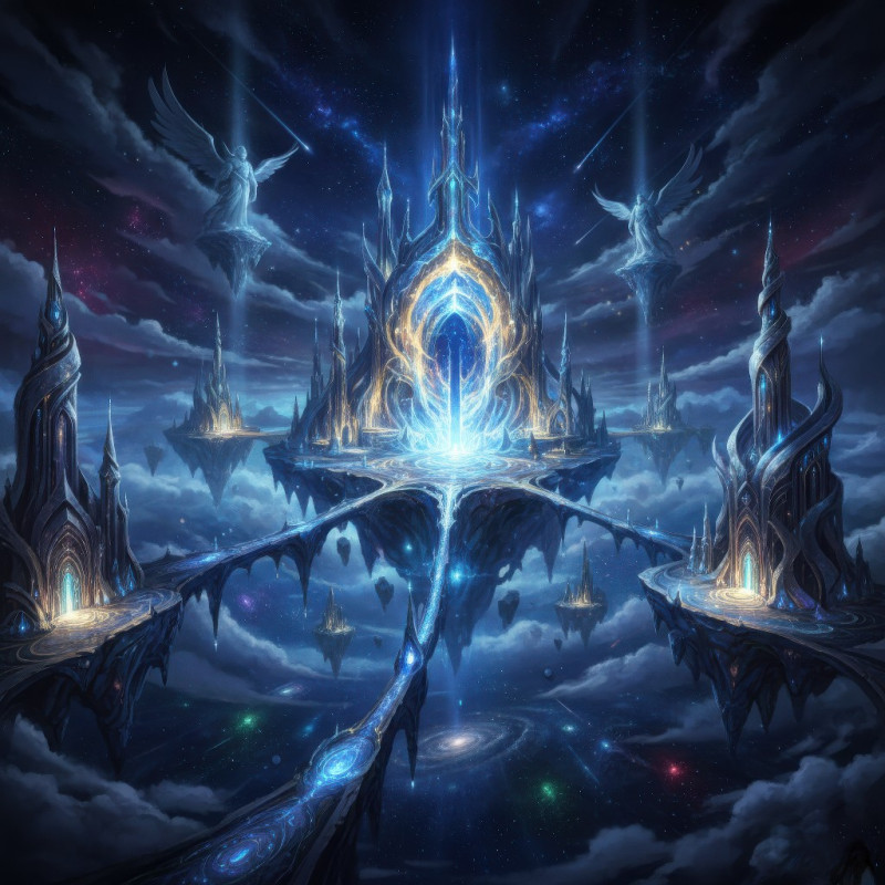 Celestial sky palace at night with glowing astral gateway google gemini prompt