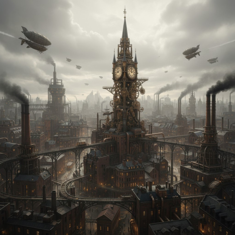 Steampunk capital with clockwork spire on overcast morning google gemini prompt