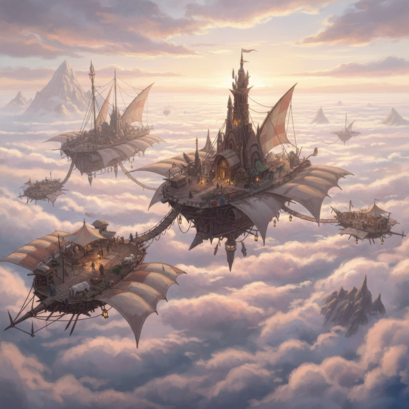 Nomadic sky caravan with floating platforms in cloudy morning google gemini prompt