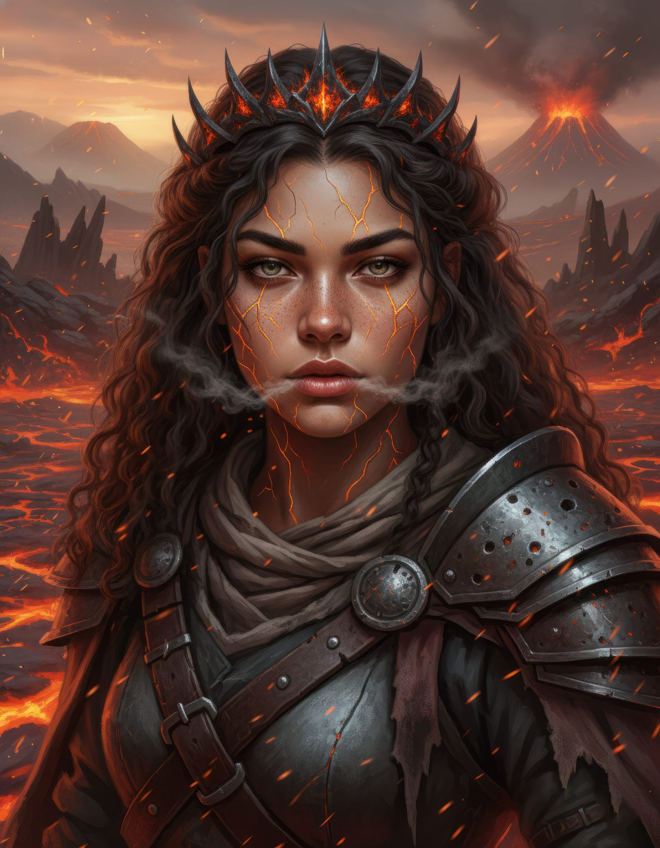 Ember crowned wanderer in volcanic wasteland fantasy portrait google gemini prompt