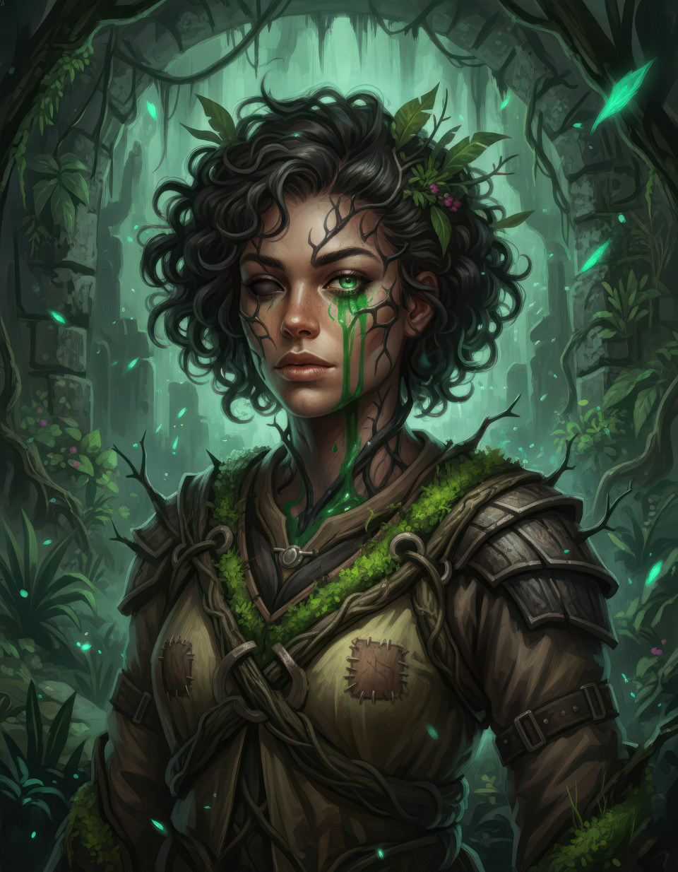 Verdant curse alchemist in overgrown ruins fantasy portrait google gemini prompt