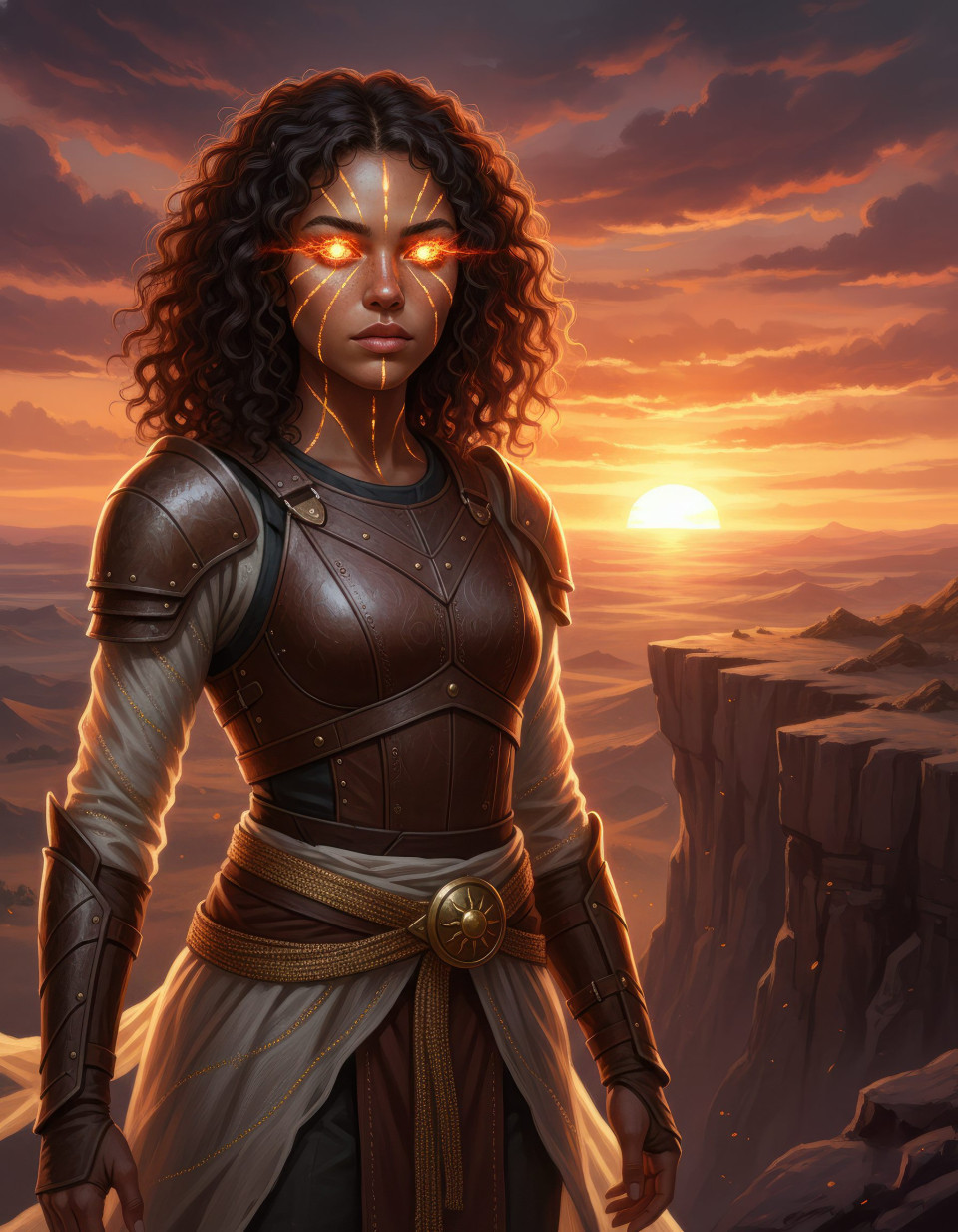 Sunfall blade bearer on desert cliff heroic fantasy portrait google gemini prompt
