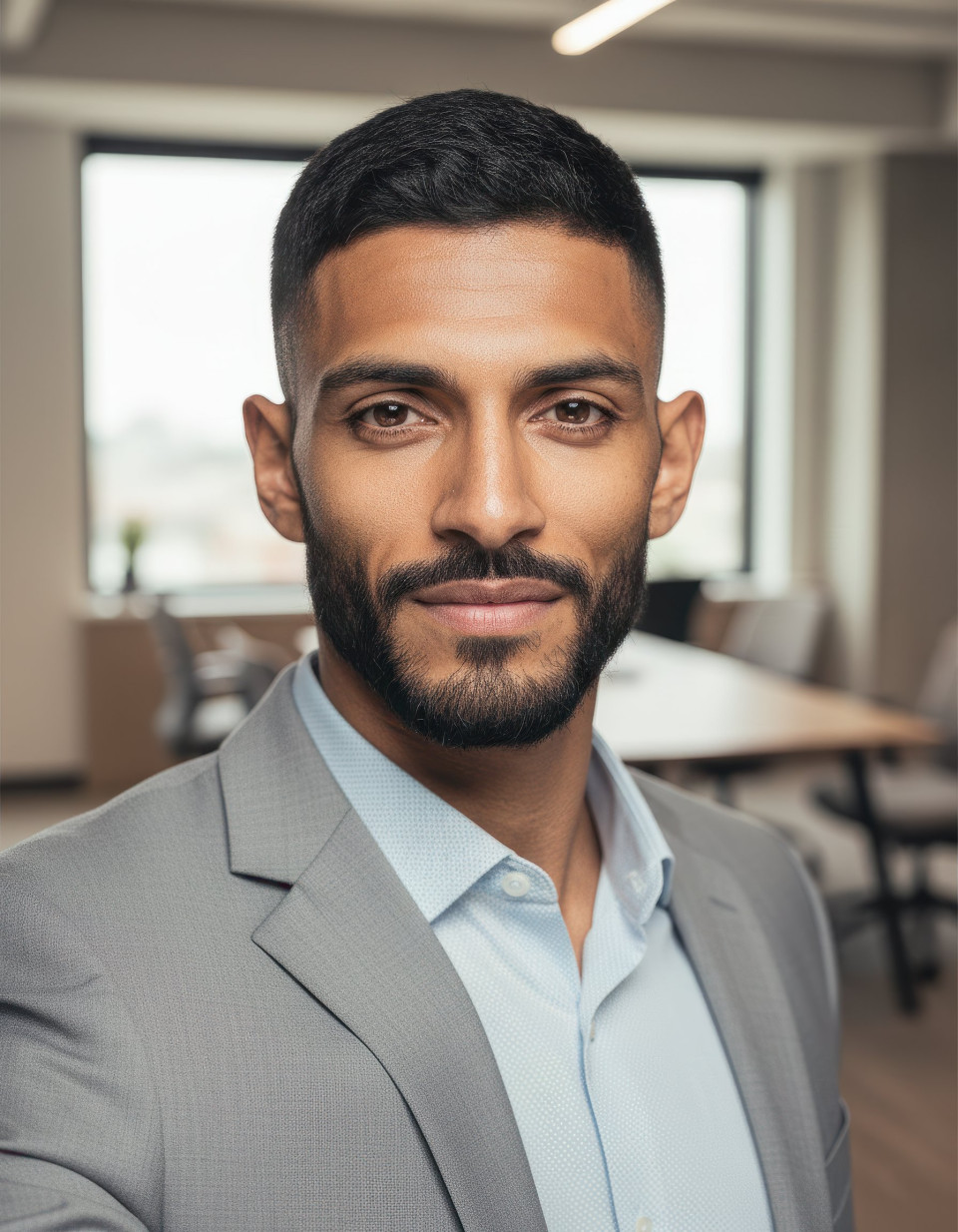 Welcoming hr leader portrait selfie in modern office google gemini prompt