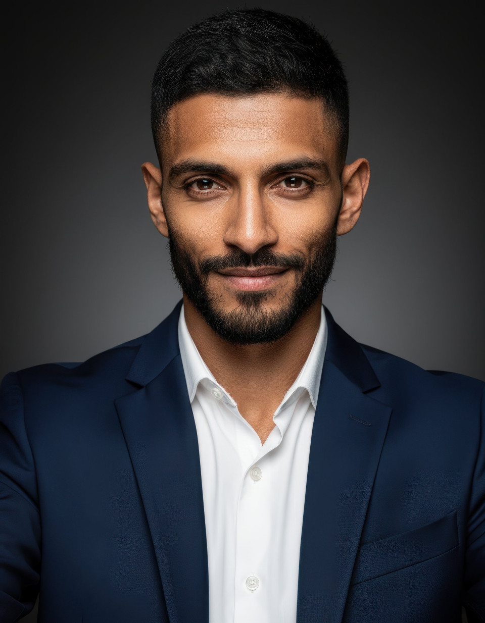 Energetic sales executive portrait selfie on dark background google gemini prompt