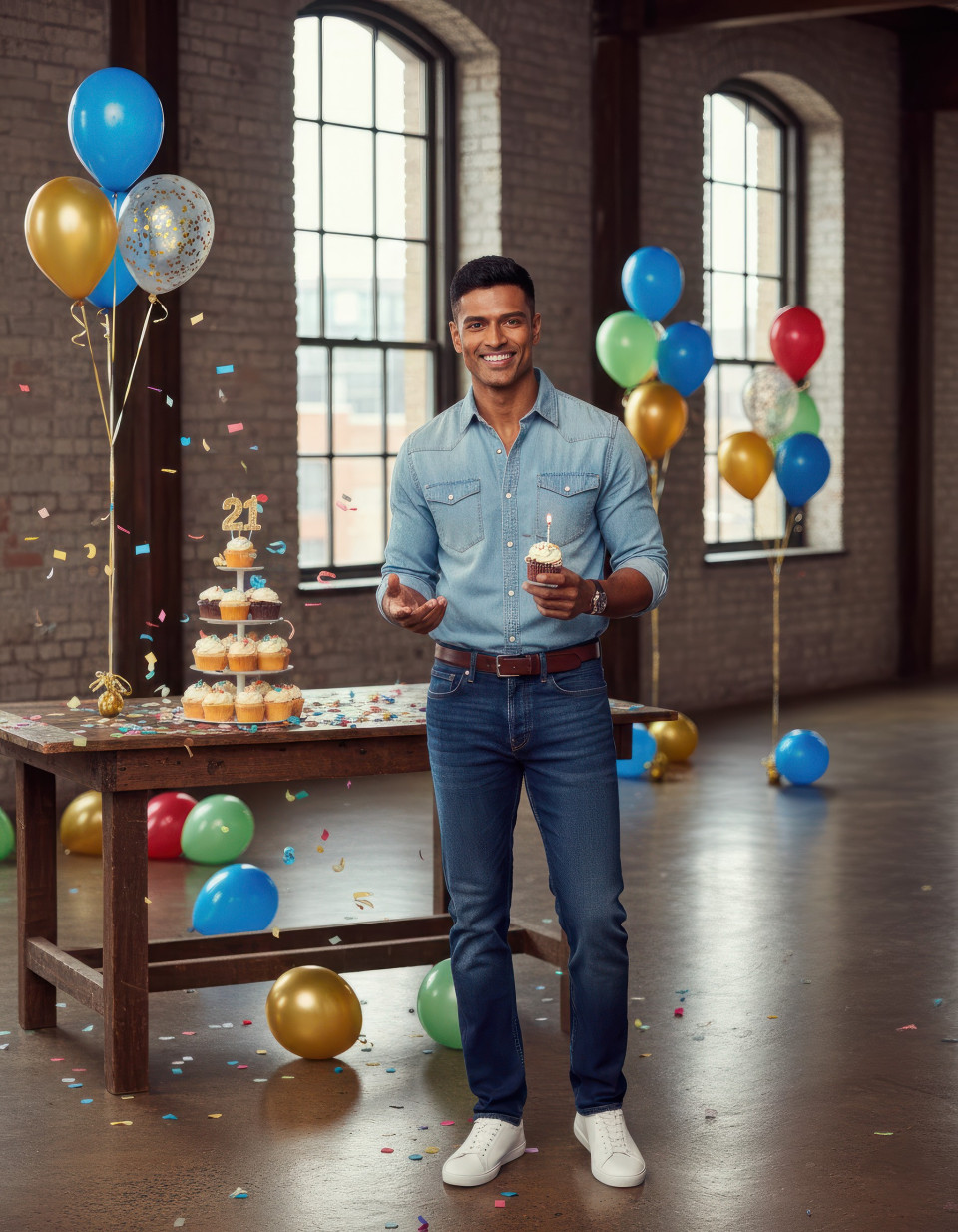 Man celebrating 21st birthday in urban loft space google gemini prompt