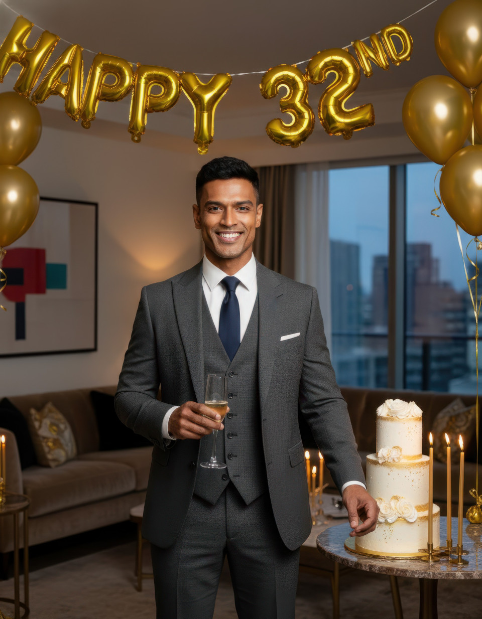 Man celebrating 32nd birthday in luxury apartment lounge google gemini prompt