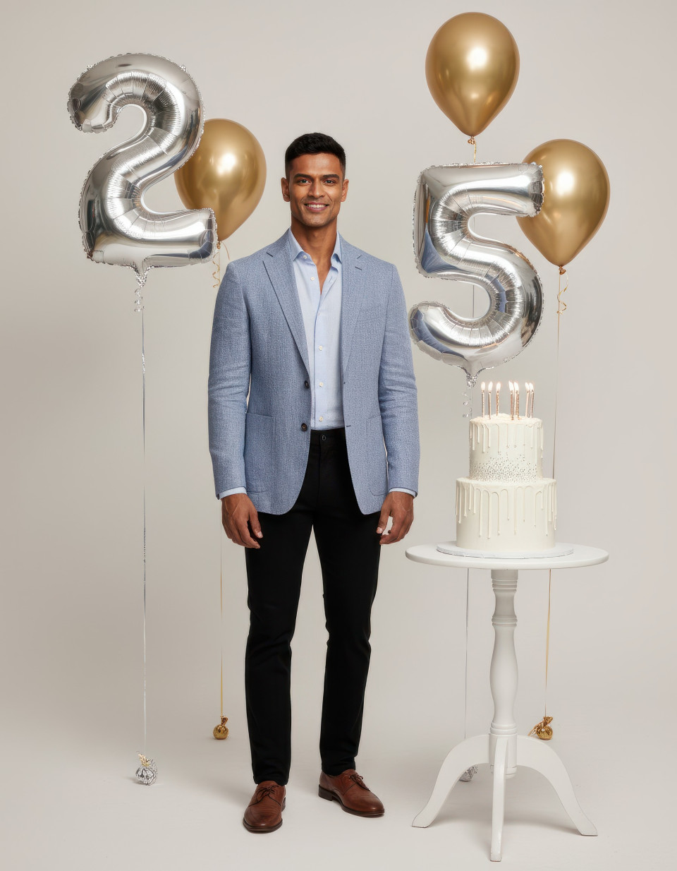 Man celebrating 25th birthday in minimalist studio setting google gemini prompt