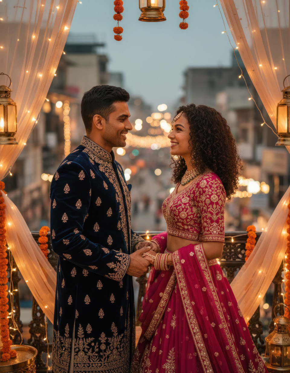 Newlywed couple celebrating karva chauth on romantic balcony google gemini prompt