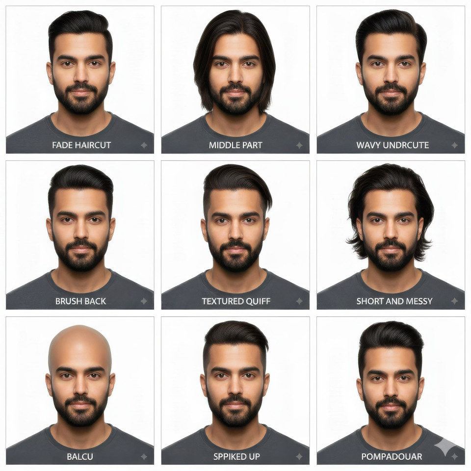 Indian man 3x3 hairstyle grid with nine different styles google gemini prompt