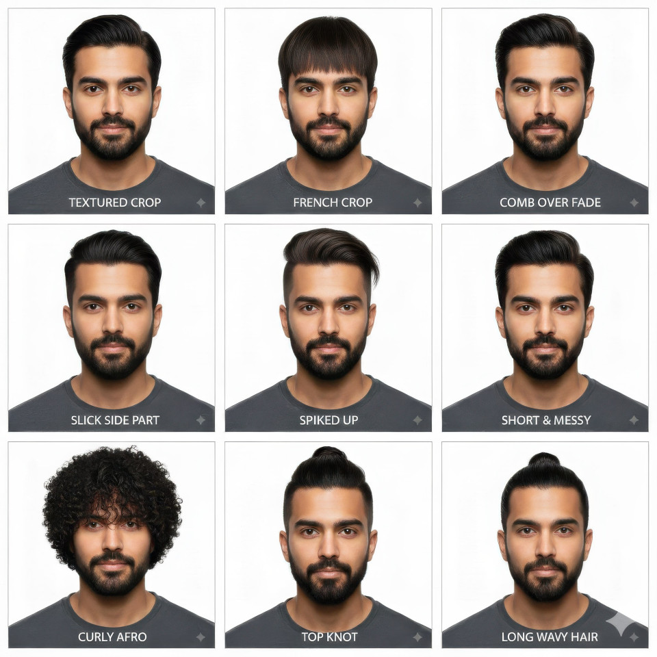 Indian man 3x3 hairstyle grid with nine different styles google gemini prompt