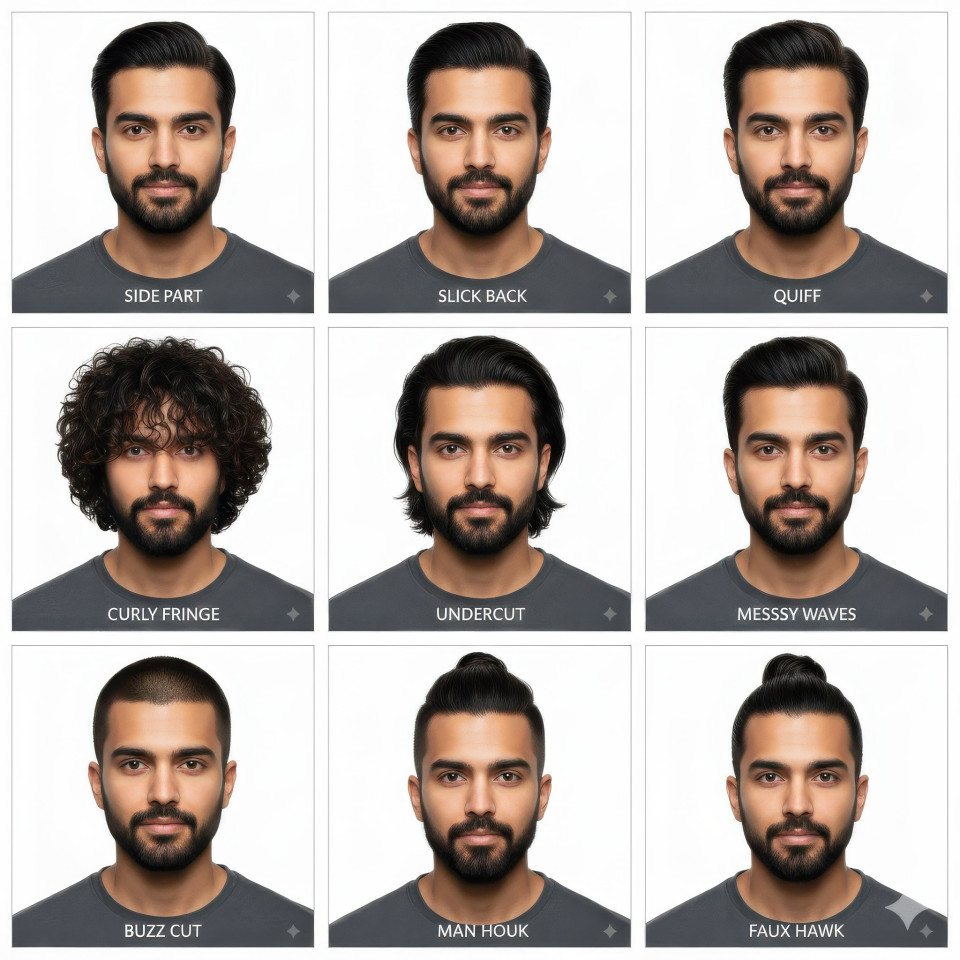 Indian man 3x3 hairstyle grid with nine different styles google gemini prompt