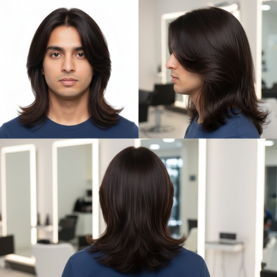 Man long layered side part hairstyle multi view salon google gemini prompt