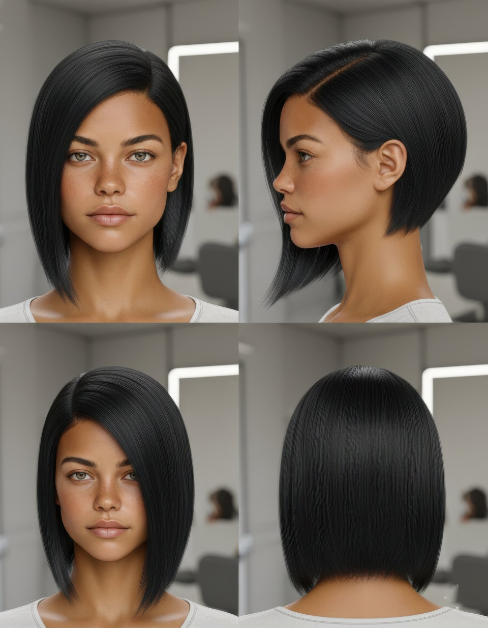 Urban woman sleek asymmetrical bob hairstyle multi view google gemini prompt