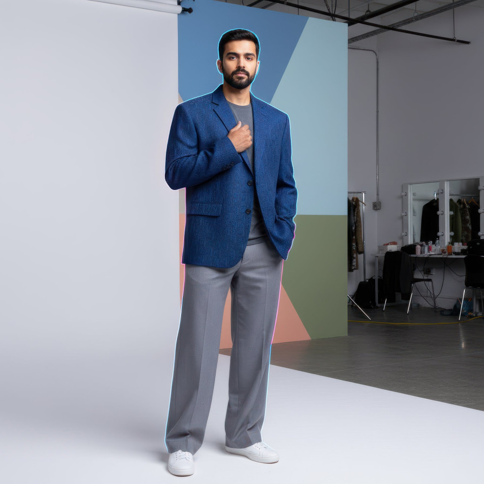 Male runway model editorial fashion portrait in studio setting google gemini prompt