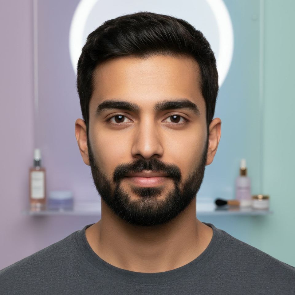 Male skincare model macro beauty portrait in pastel studio lighting google gemini prompt