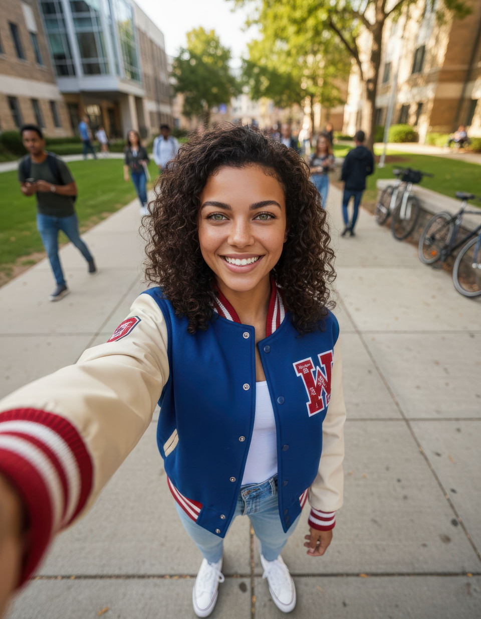Young woman taking selfie on modern university campus google gemini prompt