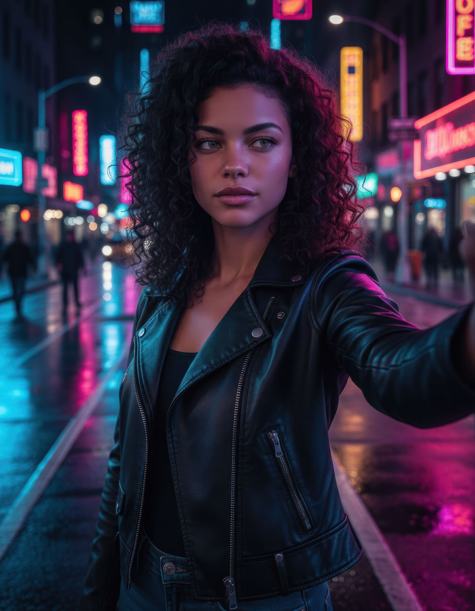 Confident woman taking selfie on neon lit downtown street google gemini prompt