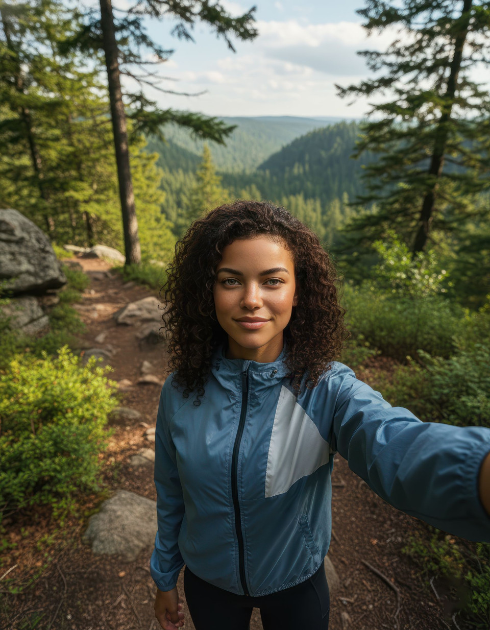 Woman taking selfie on forest hiking trail with activewear style google gemini prompt