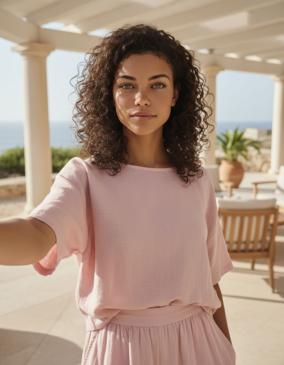 Serene woman taking selfie at outdoor wellness retreat google gemini prompt