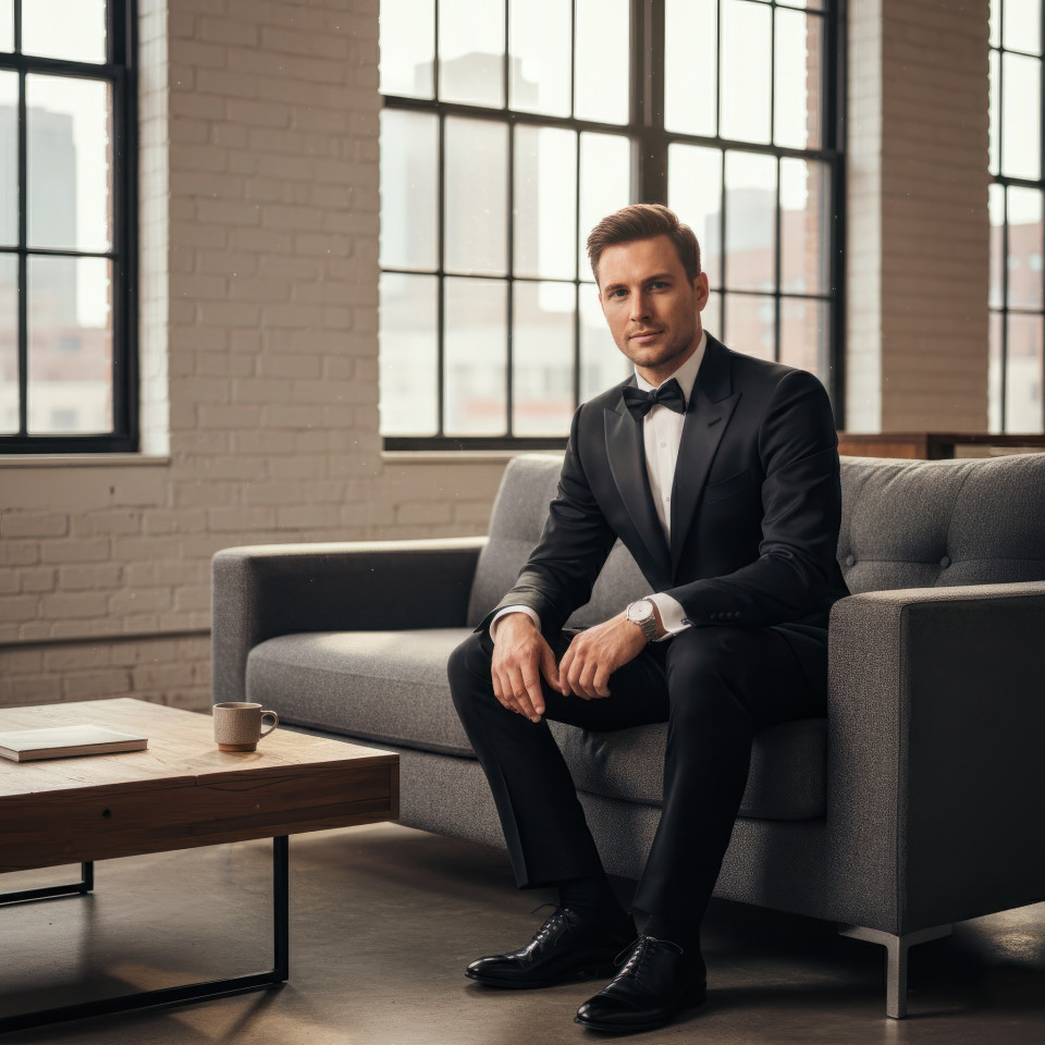 Groom wearing wedding suit sitting in modern loft apartment google gemini prompt