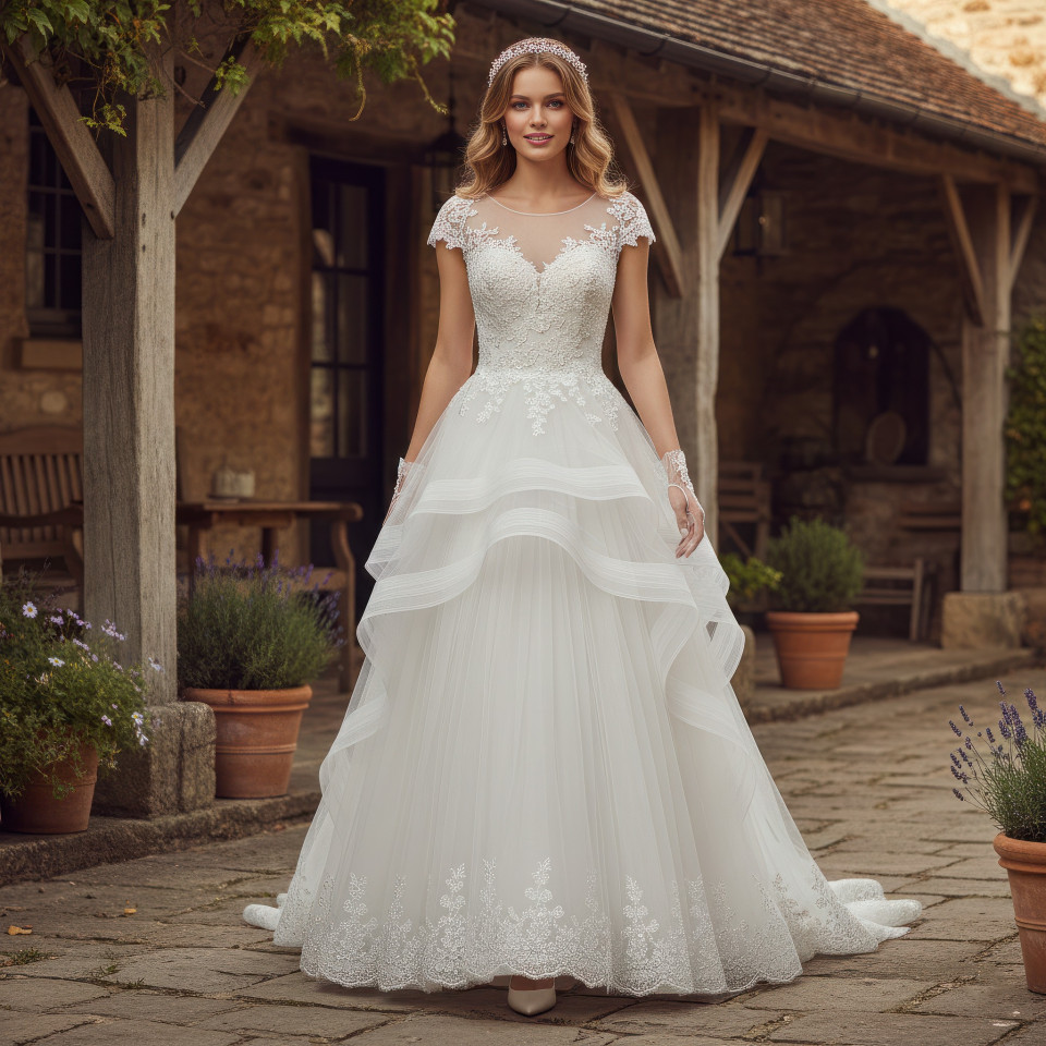 Organza bridal gown walking in rustic courtyard google gemini prompt