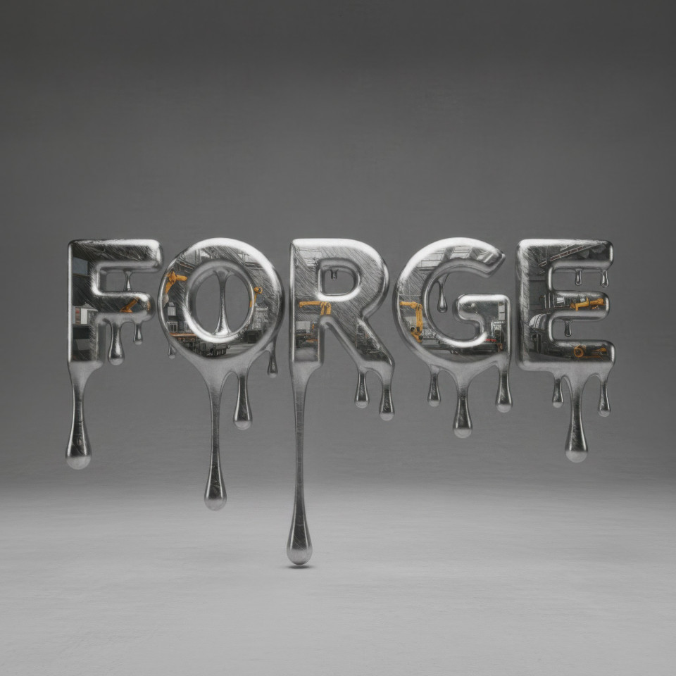 Industrial liquid steel typography in futuristic factory setting google gemini prompt