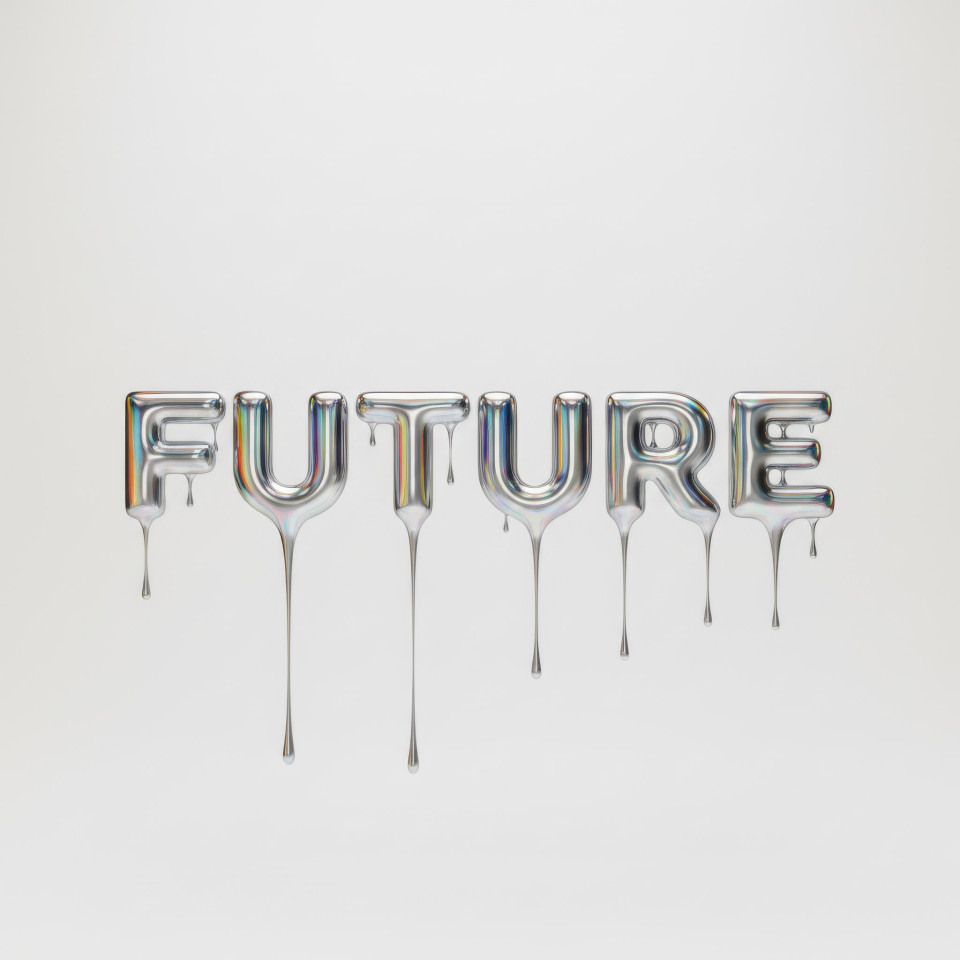 Holographic liquid metal typography in abstract light chamber google gemini prompt