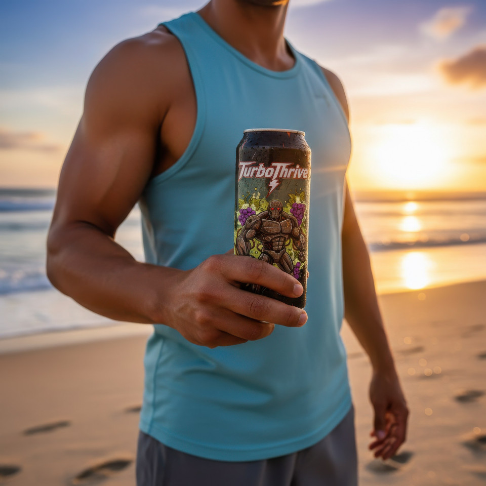 Fitness trainer holding energy drink at beach sunset google gemini prompt