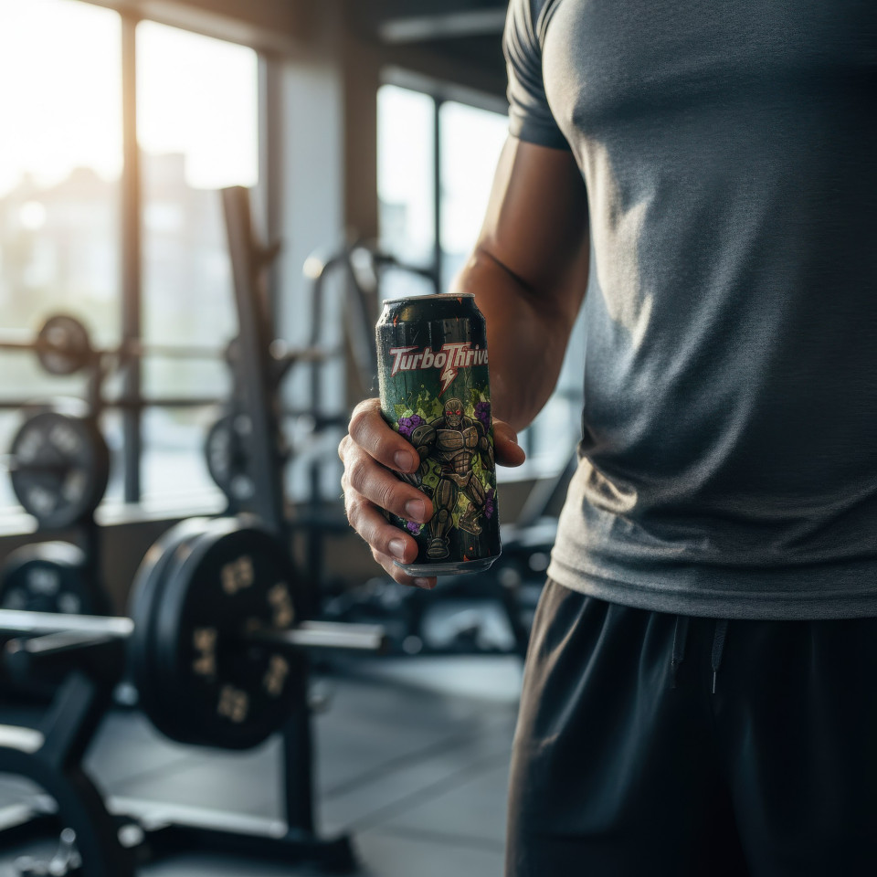 Athlete holding energy drink in gym morning lifestyle google gemini prompt