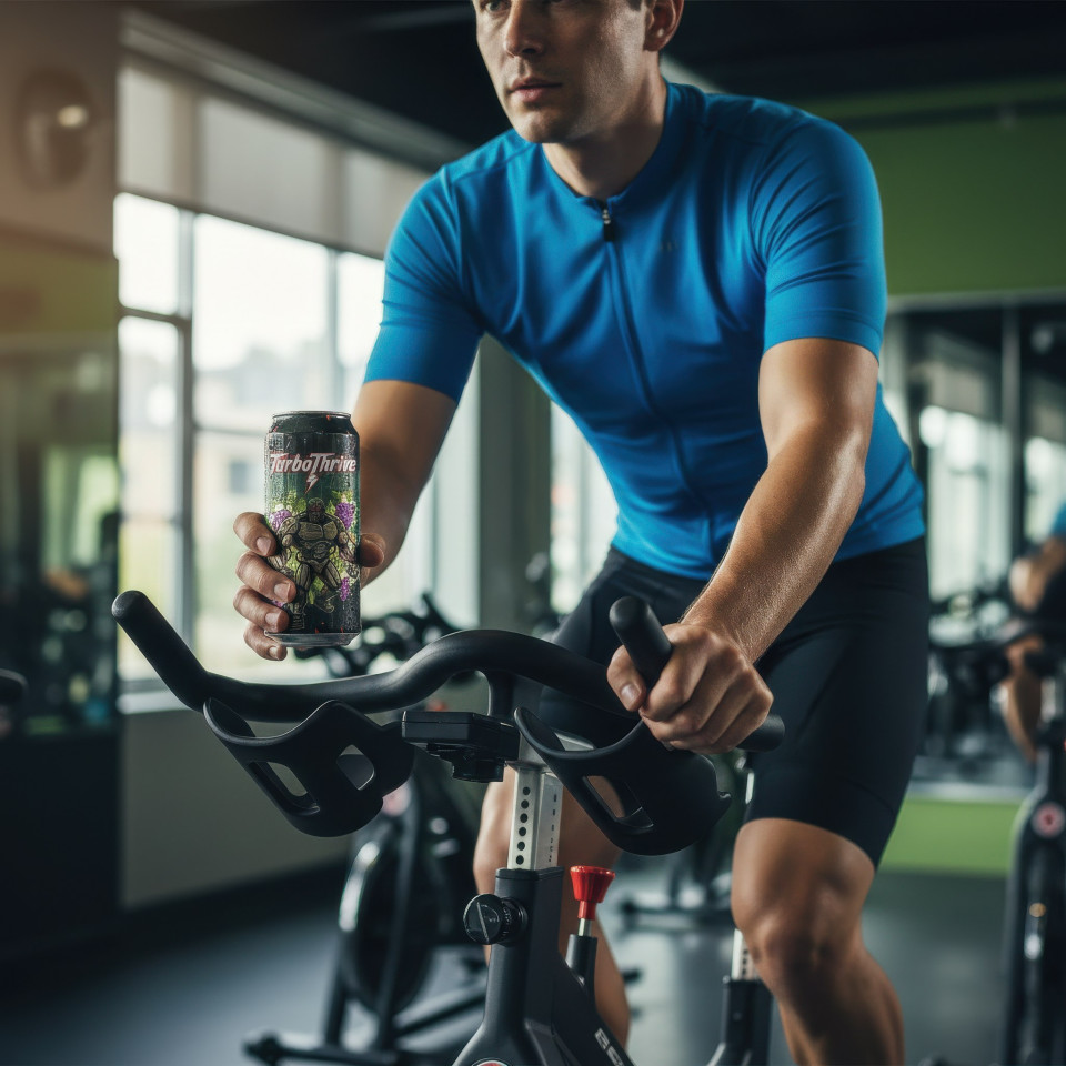 Man holding energy drink in spin class afternoon google gemini prompt