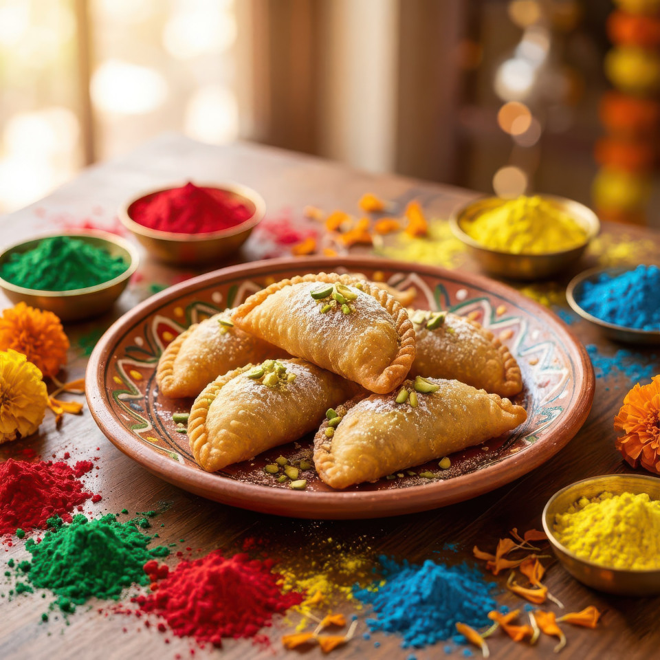 Gujiya sweet dessert for holi festival celebration google gemini prompt