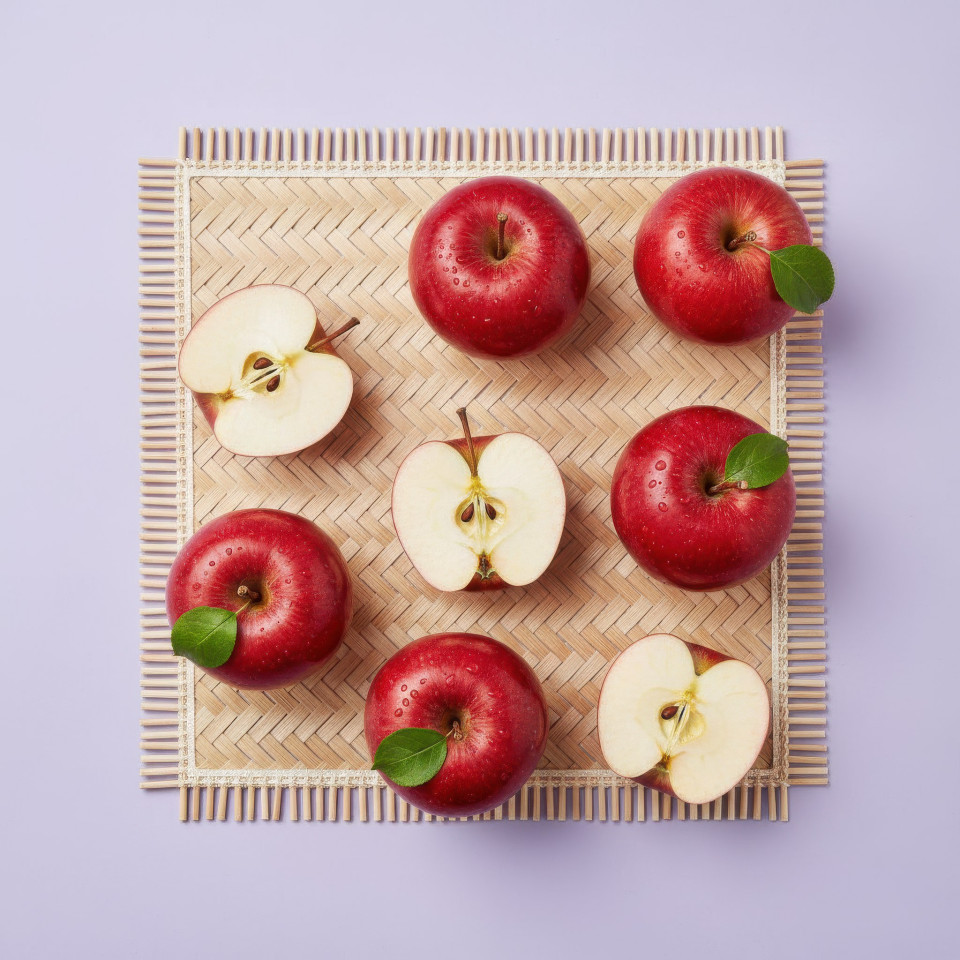 Fresh red apples flat lay on bamboo mat google gemini prompt
