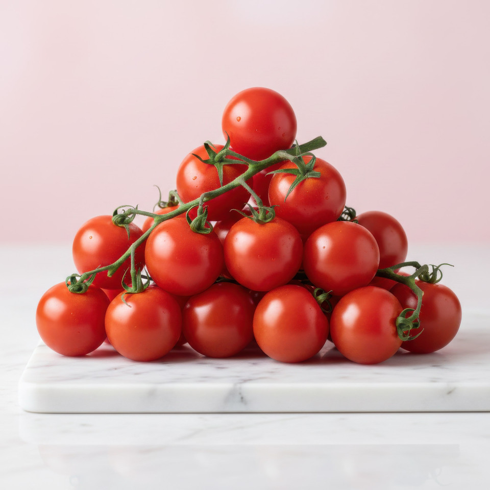 Fresh cherry tomatoes on marble slab close up google gemini prompt