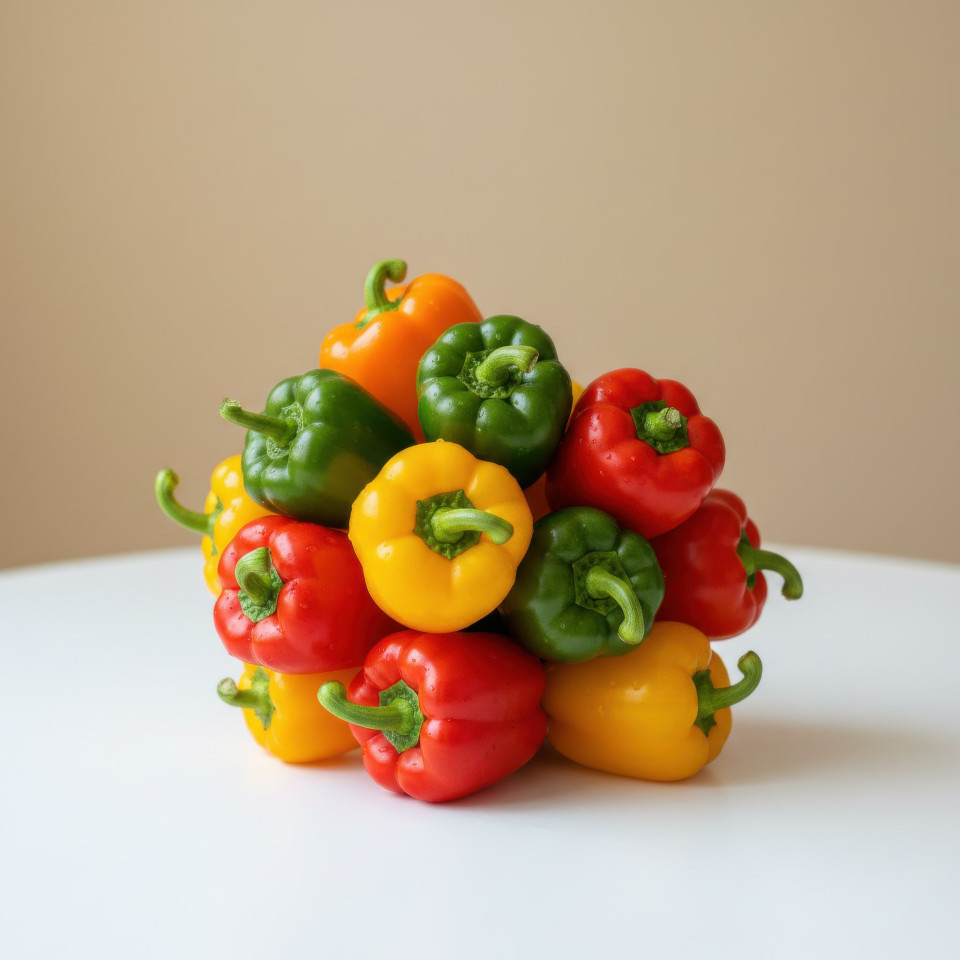 Fresh mini bell peppers on white table studio light google gemini prompt
