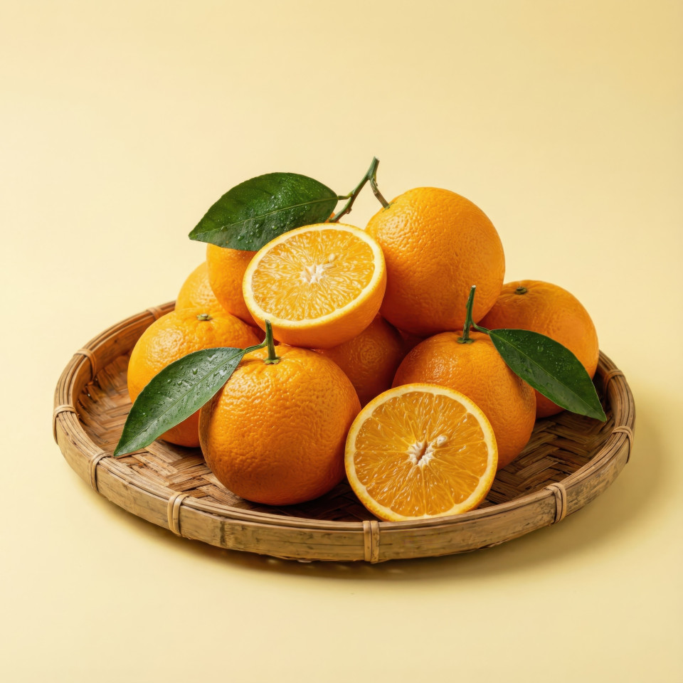 Fresh oranges on bamboo tray warm studio lighting google gemini prompt