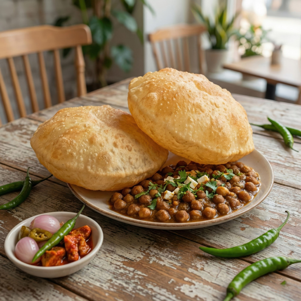 Chole bhature homestyle plated with green chilies on wooden table google gemini prompt