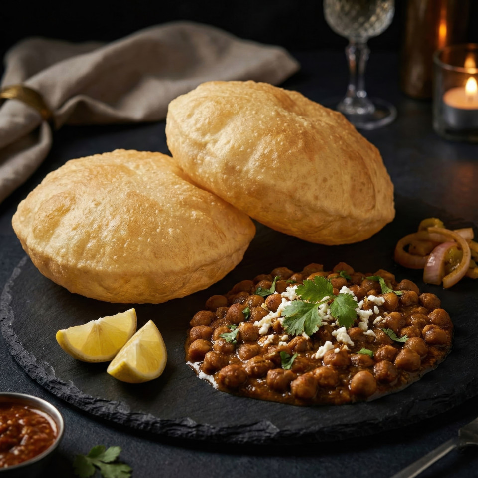 Chole bhature elegant plated on black slate with lemon wedges google gemini prompt