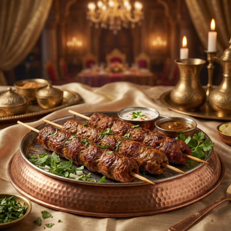 Seekh kebab traditional plated with mint in royal mughlai setting google gemini prompt