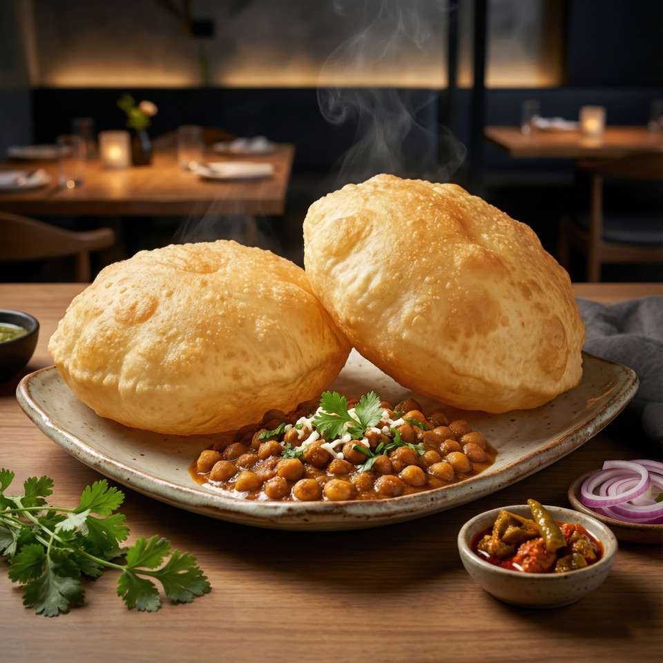 Chole bhature gourmet plated with fresh coriander in modern restaurant google gemini prompt