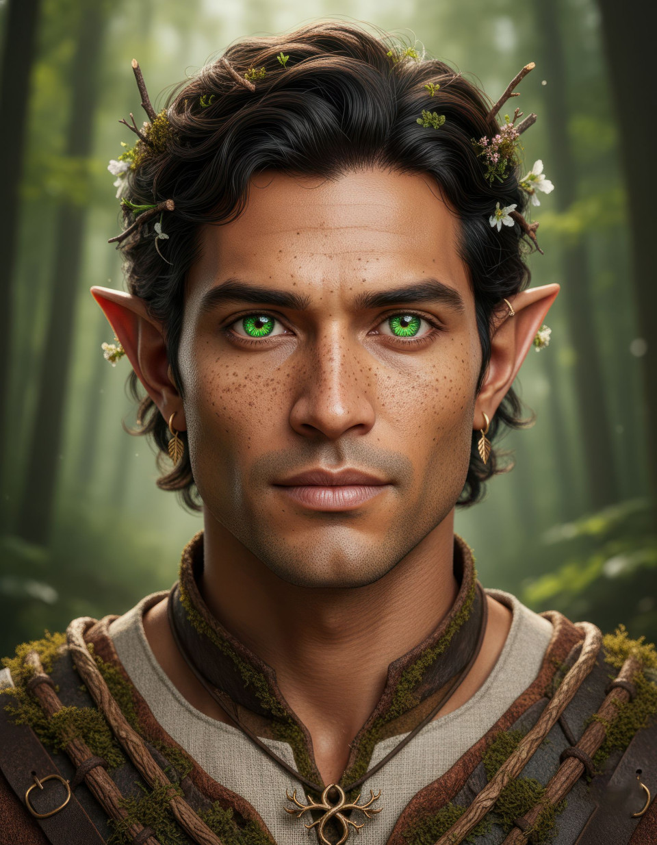 Ultra realistic fantasy woodland elf druid portrait in forest light google gemini prompt