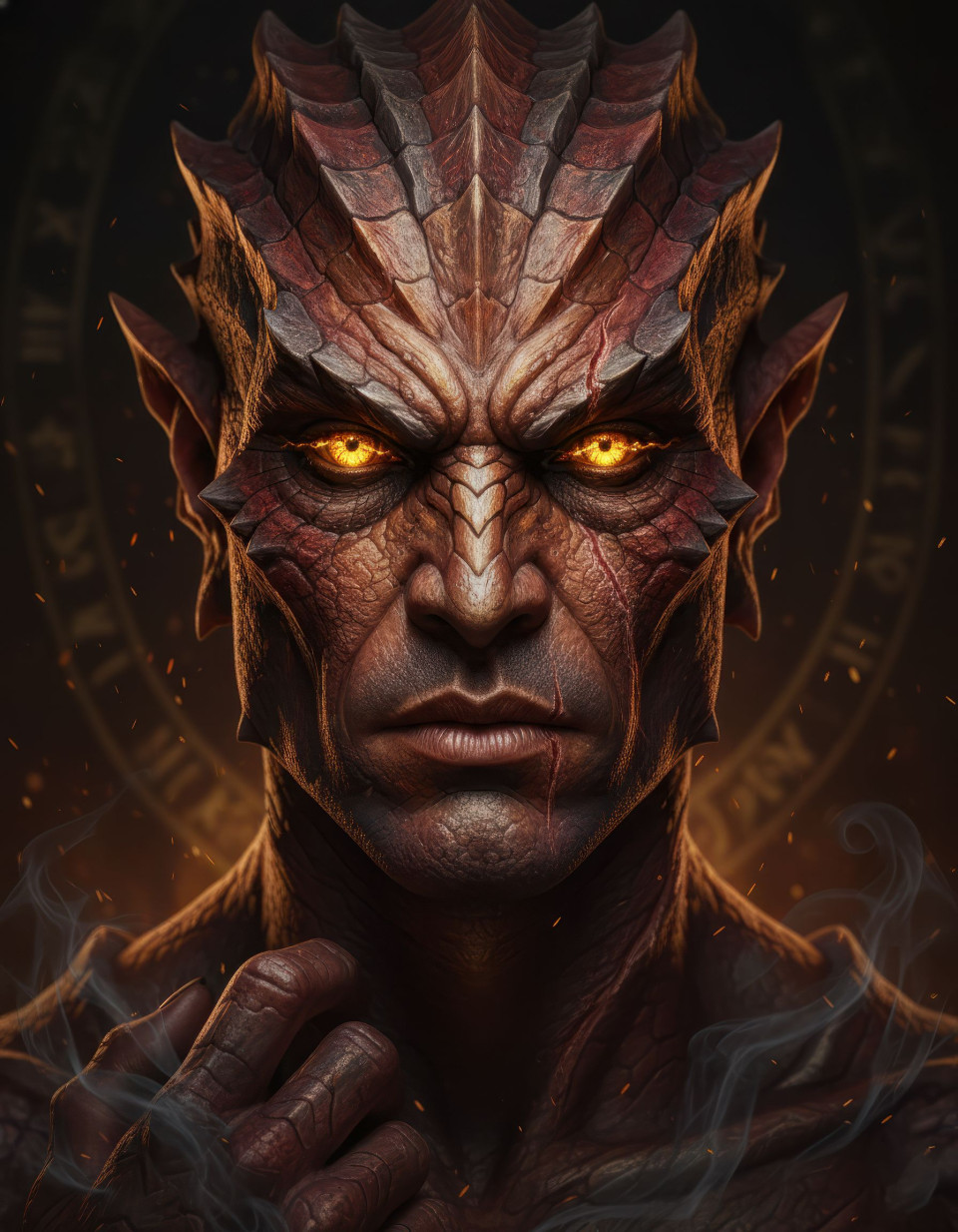 Ultra realistic fantasy dragonborn mage portrait with ember glow google gemini prompt