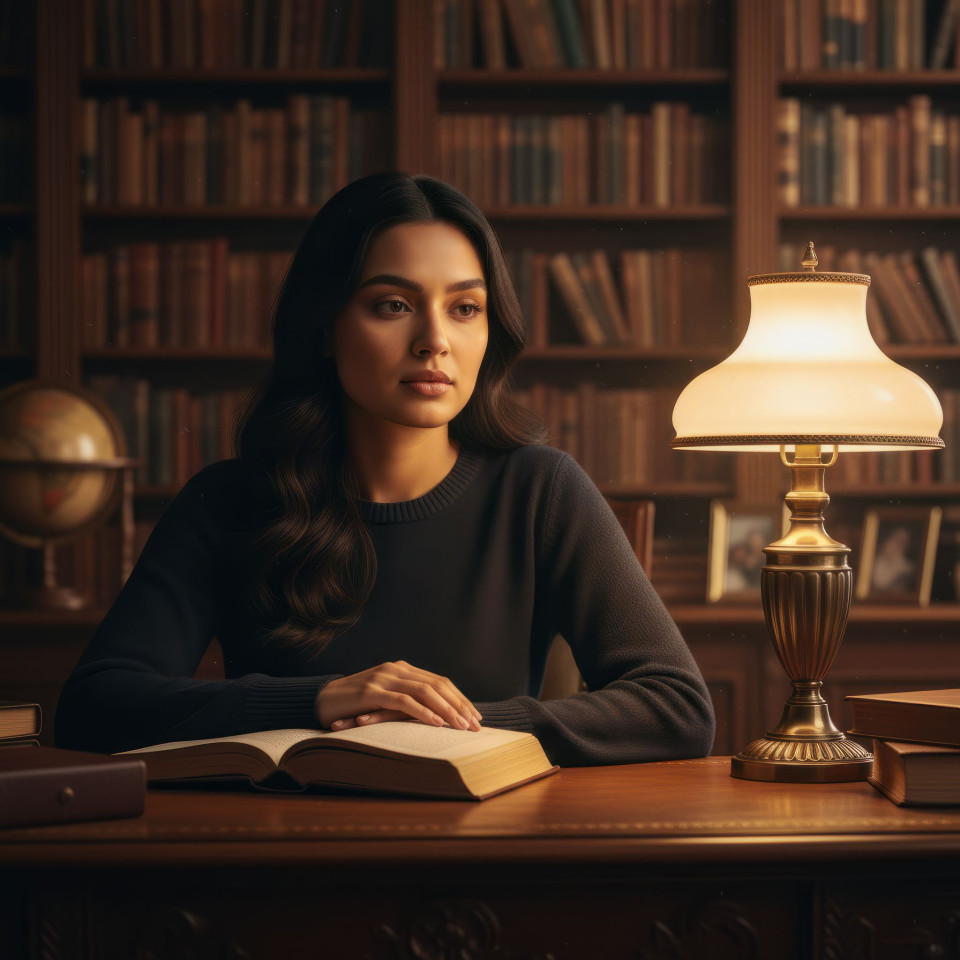 Cinematic portrait of novelist in warm home library google gemini prompt