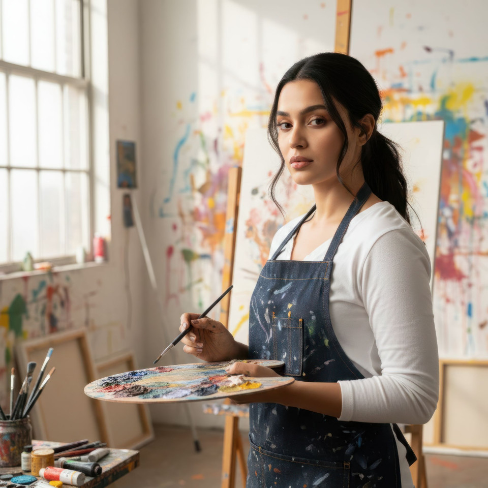 Cinematic portrait of contemporary painter in bright art studio google gemini prompt